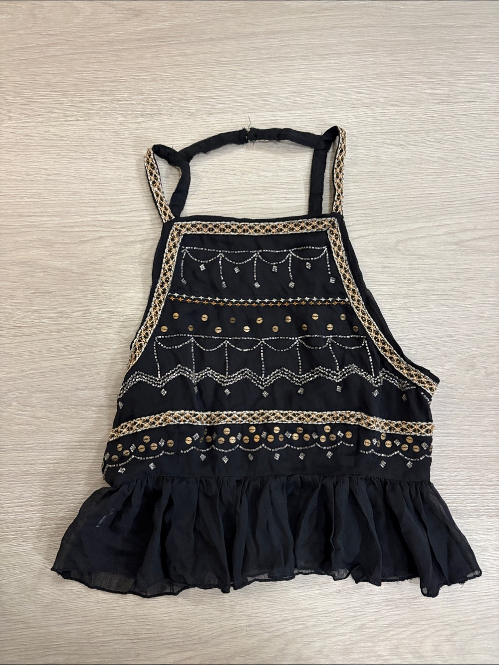 Free People Black Embroidered Halter Camisole with Gold Accents